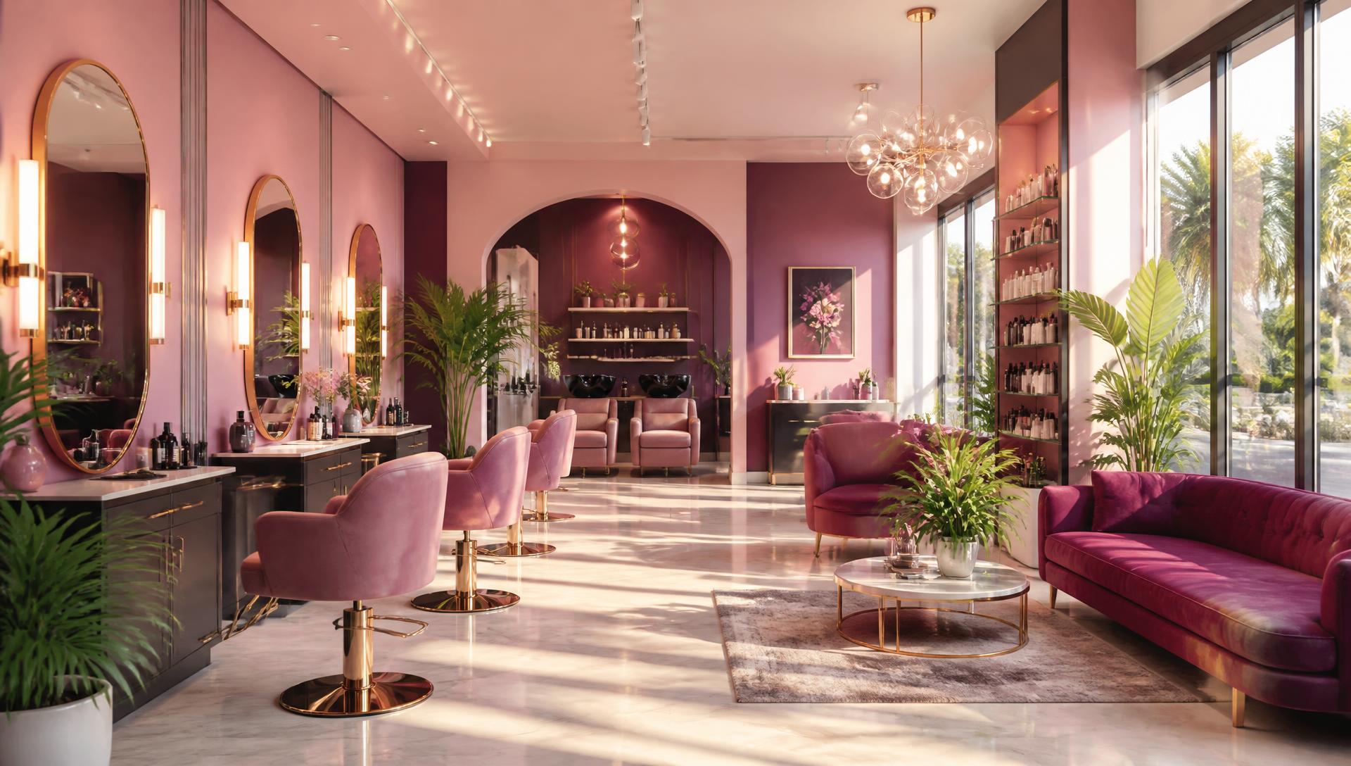 Bright modern beauty salon interior in pink and plum tones with styling chairs and sunlit windows