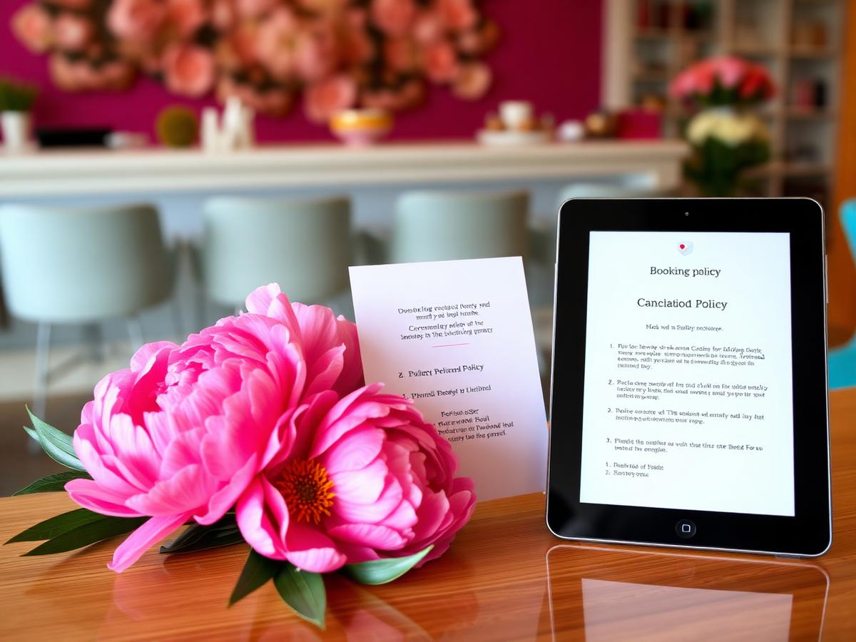 Printed booking and cancellation policy card beside a booking tablet at a salon reception