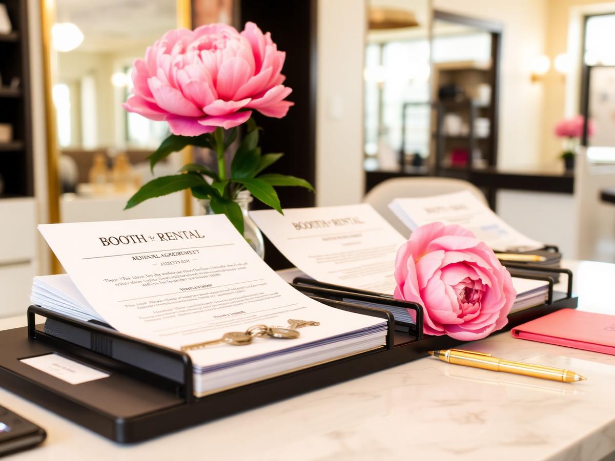 Booth rental agreement pages and keys on a styling station counter in a bright salon