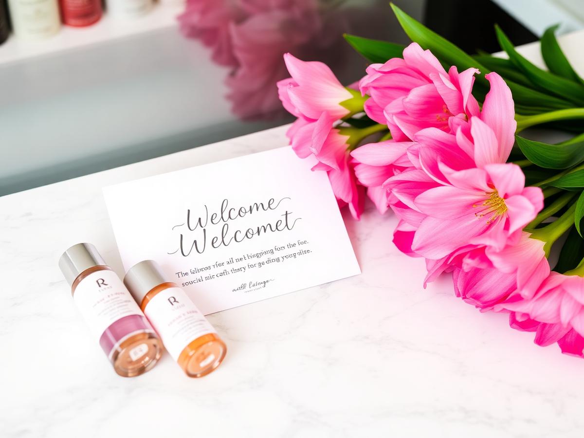 Salon new client welcome card with mini products and pink flowers on white marble