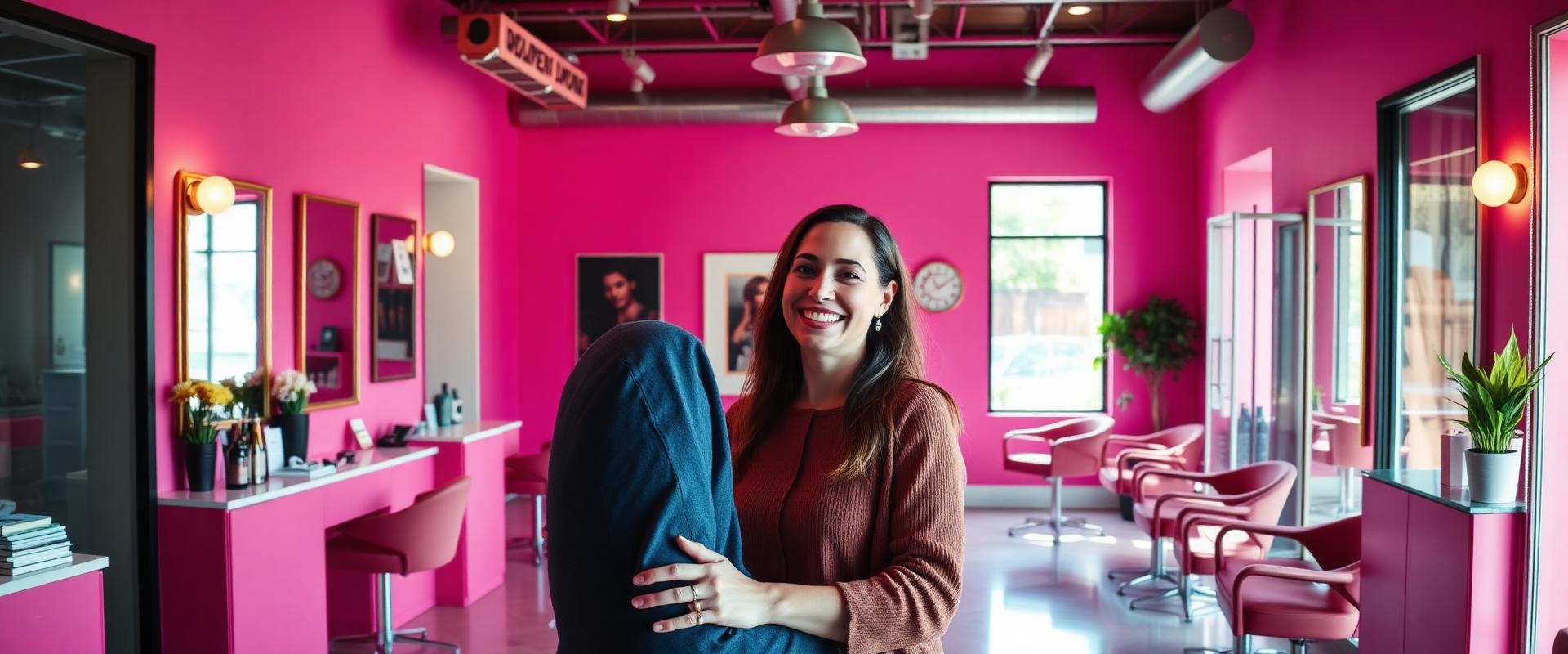 First-time client being welcomed at a bright salon reception