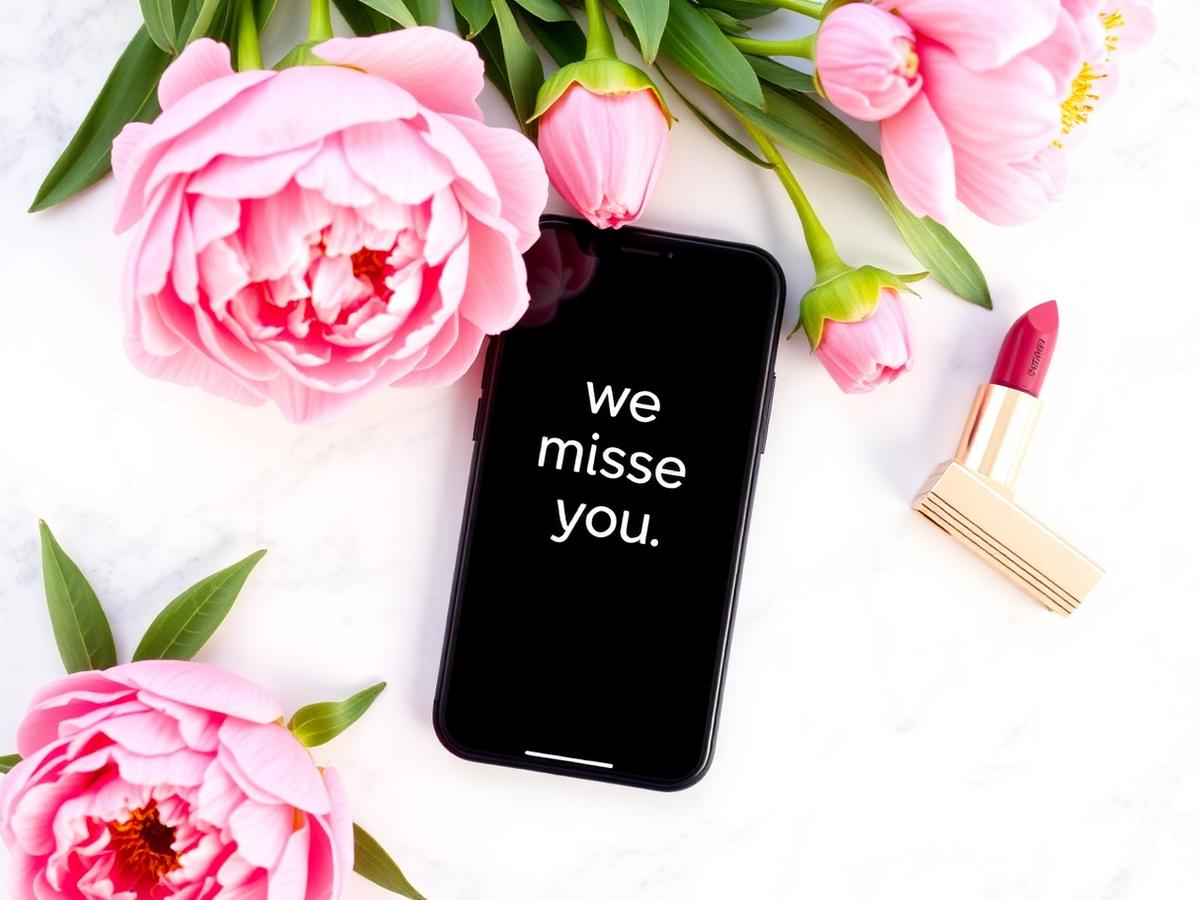 Phone showing a friendly we miss you salon message beside peonies and a lipstick