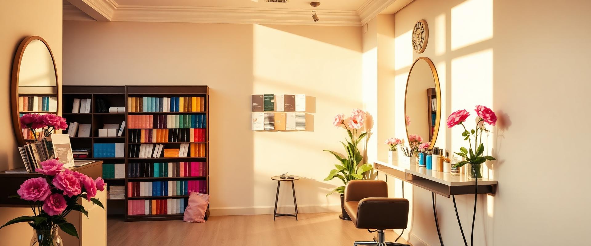 Bright salon consultation corner with mirror, colour swatches and pink flowers