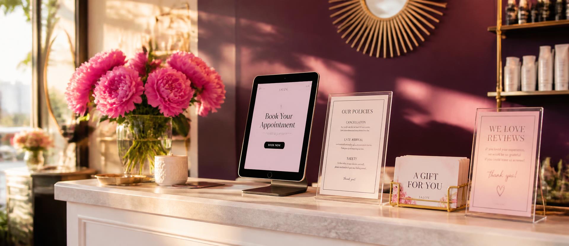 Salon reception desk at golden hour with a booking tablet, policy cards and pink peonies