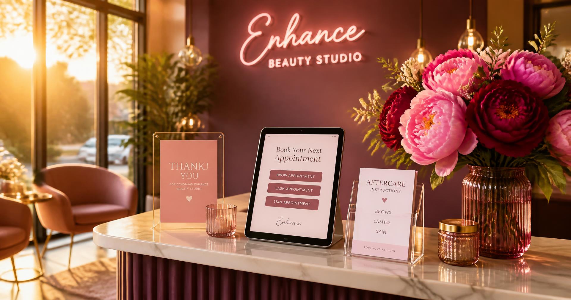 Salon reception desk at golden hour with aftercare cards, a booking tablet and vibrant peonies
