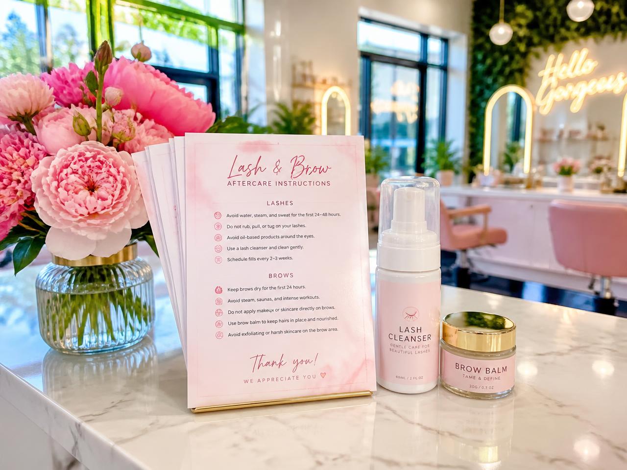 Printed lash and brow aftercare instruction cards fanned out on a salon front desk beside lash cleanser, brow balm and pink peonies