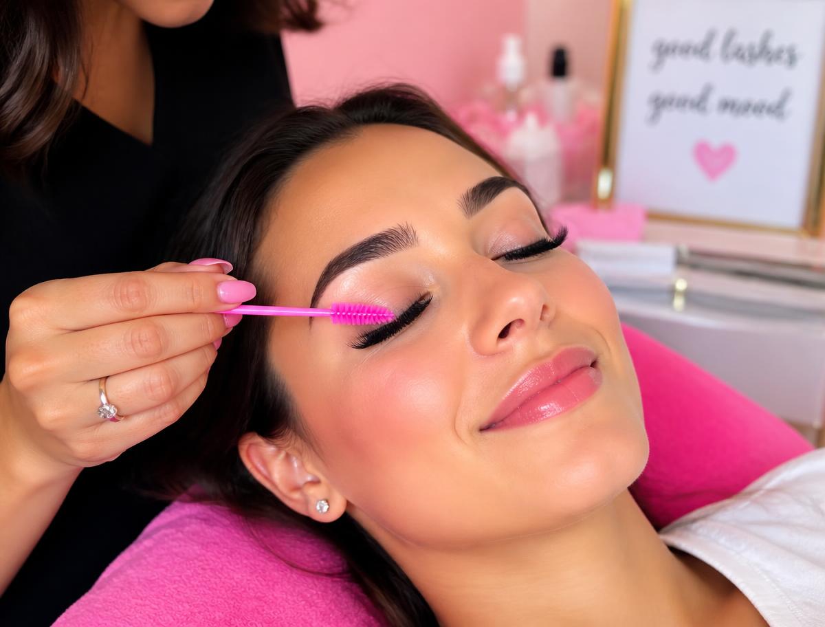 Lash technician brushing a client's fresh lash extensions with a pink spoolie