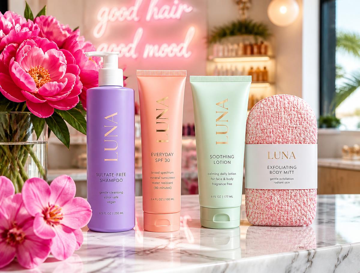 Colorful salon aftercare retail products on a marble counter with pink flowers