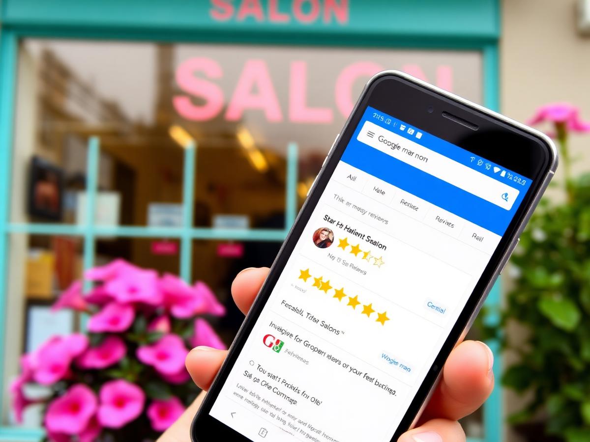 Phone showing a salon's Google business listing with five star reviews outside the salon