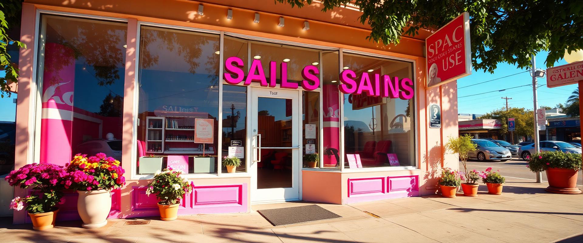 Bright salon storefront with pink signage and flower planters