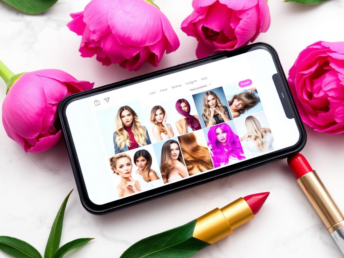 Phone showing a beauty salon Instagram profile grid on white marble with peonies