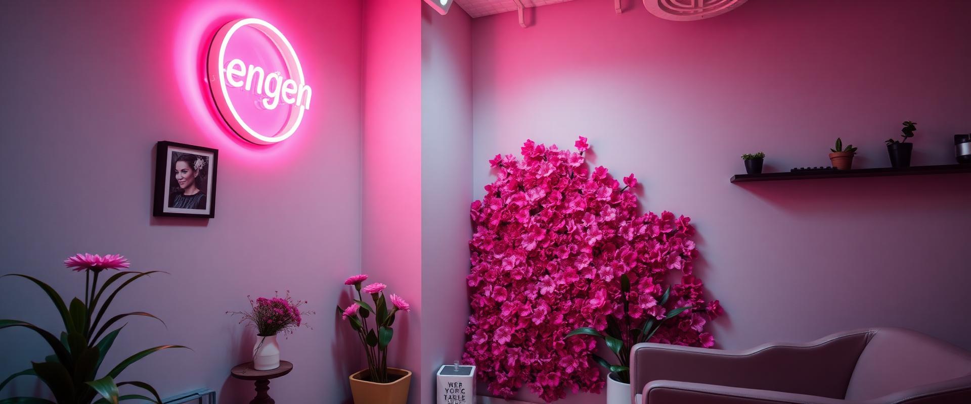 Salon content corner with neon sign and a vibrant flower wall