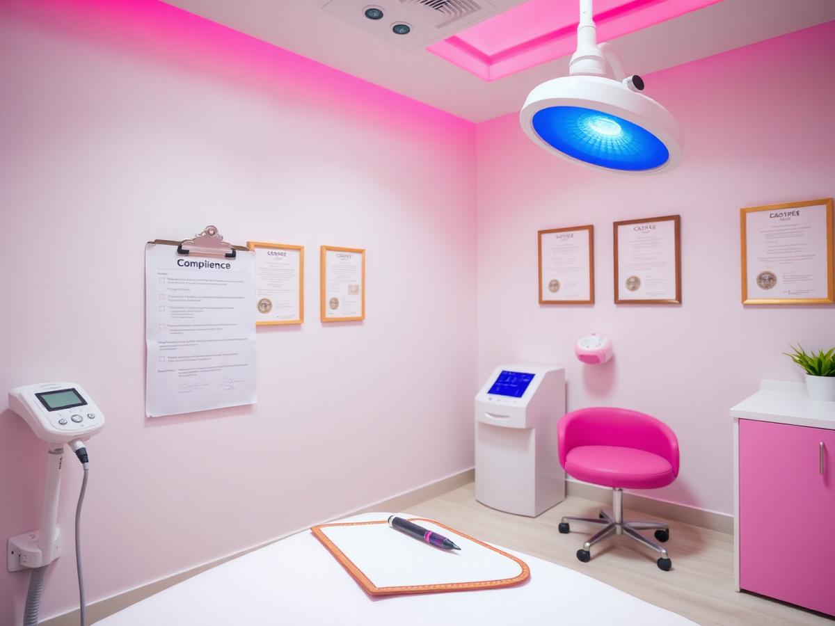 Salon compliance checklist on a clipboard in a bright, spotless treatment room
