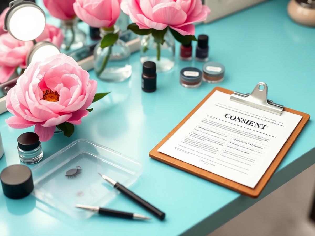 Lash and brow studio station with a consent form on a clipboard, lash trays and pigments
