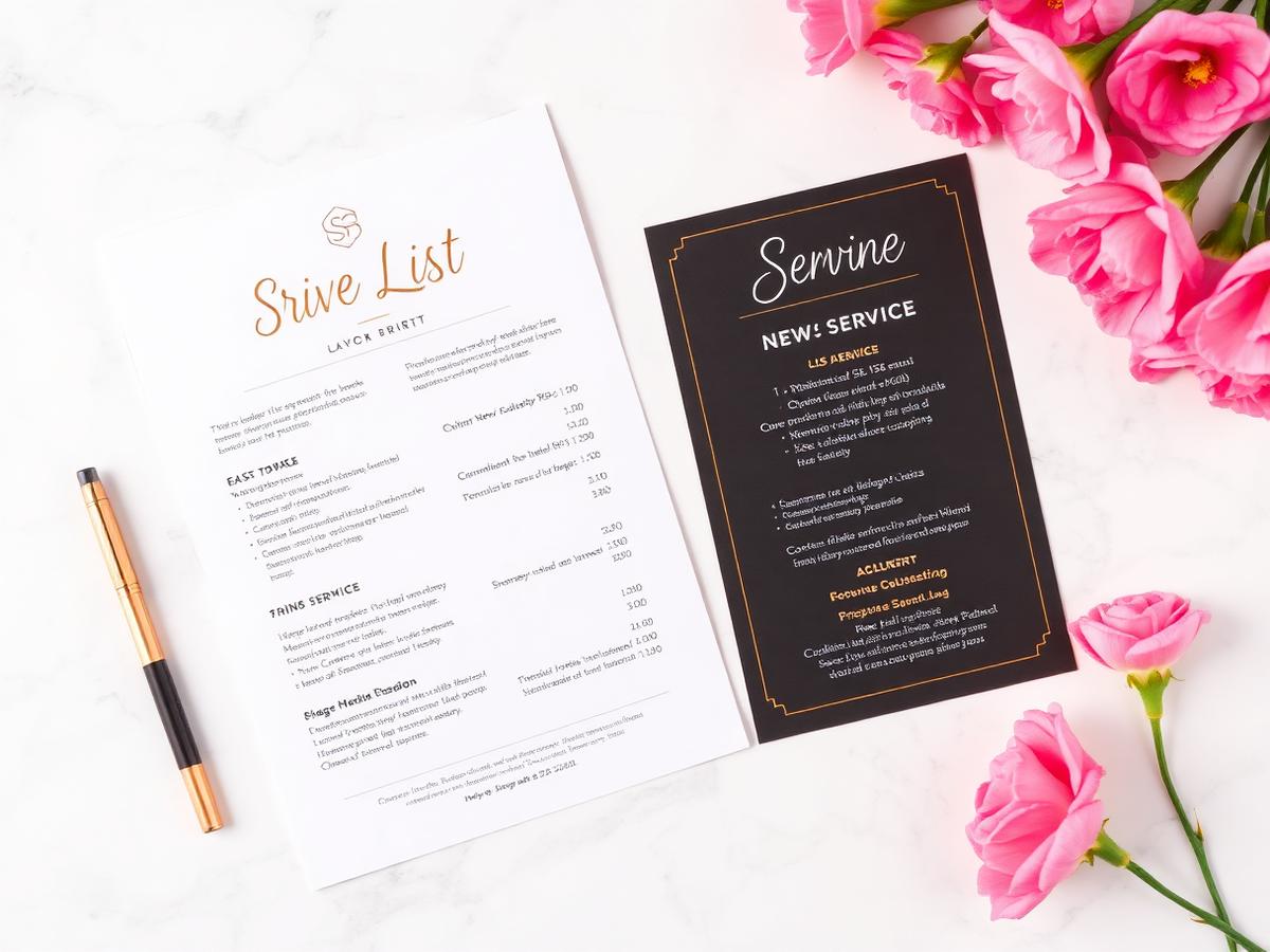 Printed salon price list letter and new service menu card on marble with a gold pen