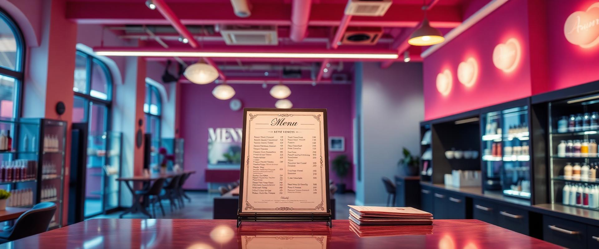 Bright salon with an elegant printed price menu at the desk
