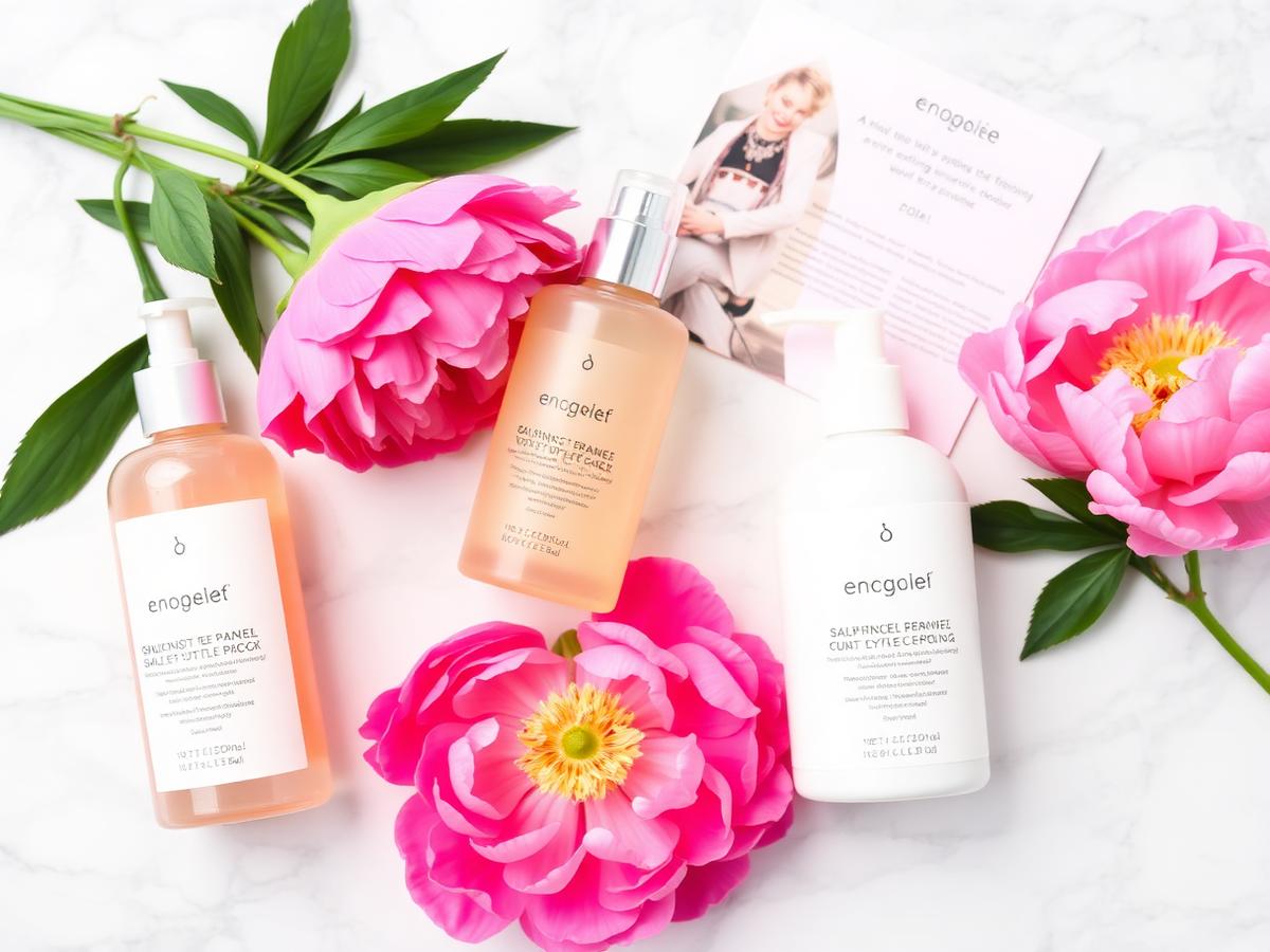 Haircare and skincare bottles styled on white marble with peonies and a product card