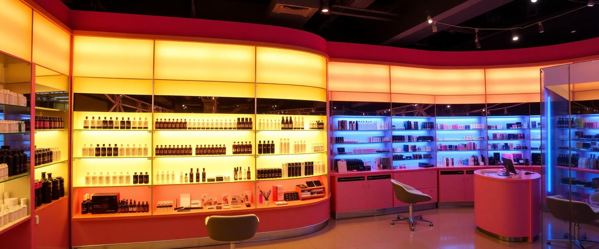 Salon retail display wall of beauty products under bright lighting