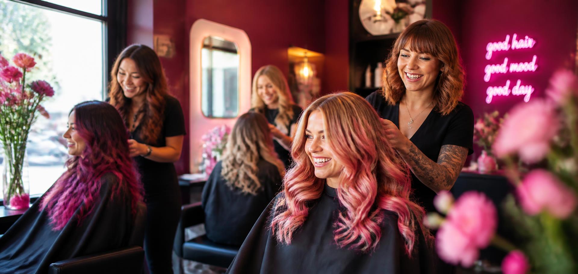 Colorists finishing vivid balayage on happy clients in a bright salon