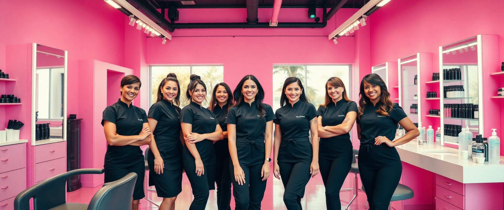 Team of salon stylists in matching uniforms in a bright salon