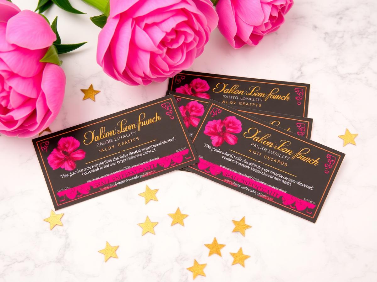 Salon loyalty punch cards and gift cards fanned on marble with gold stars