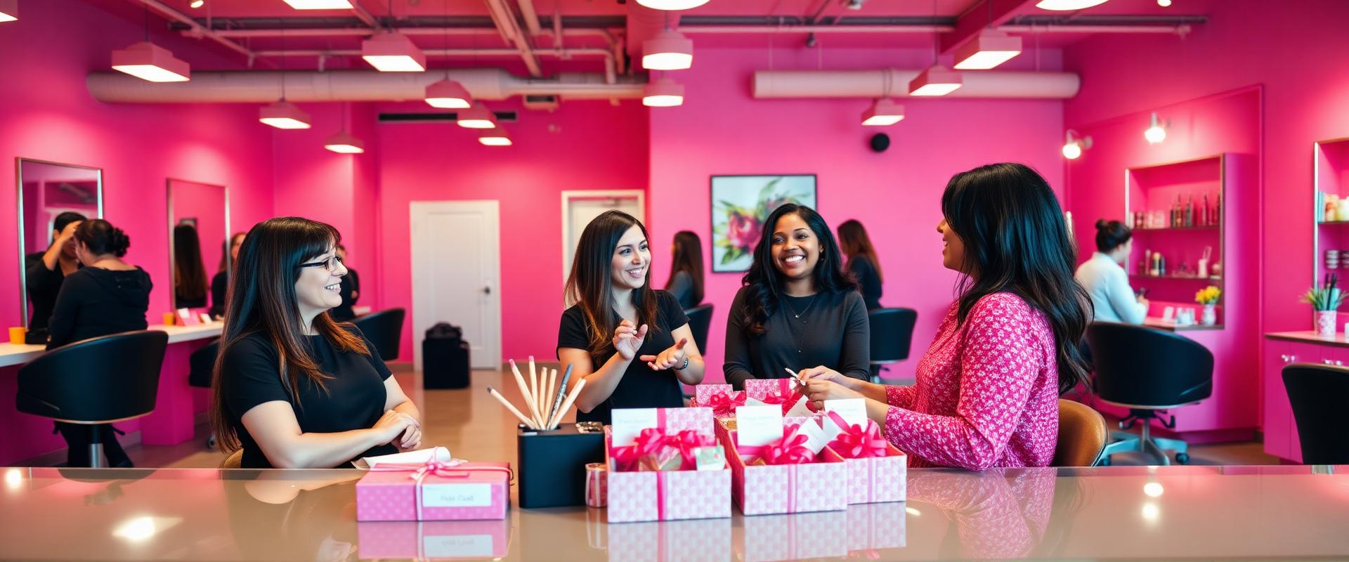 Repeat clients chatting with stylists at a bright salon front desk