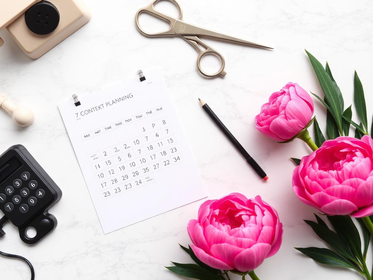 Salon content planning flat lay with a printed caption calendar, phone and peonies
