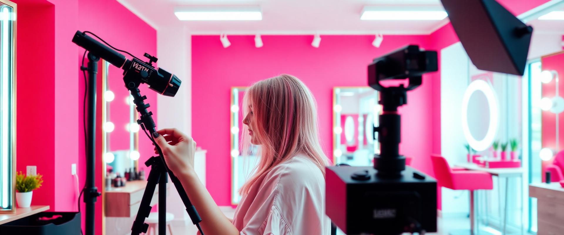 Stylist filming a hair transformation with a ring light in a bright salon