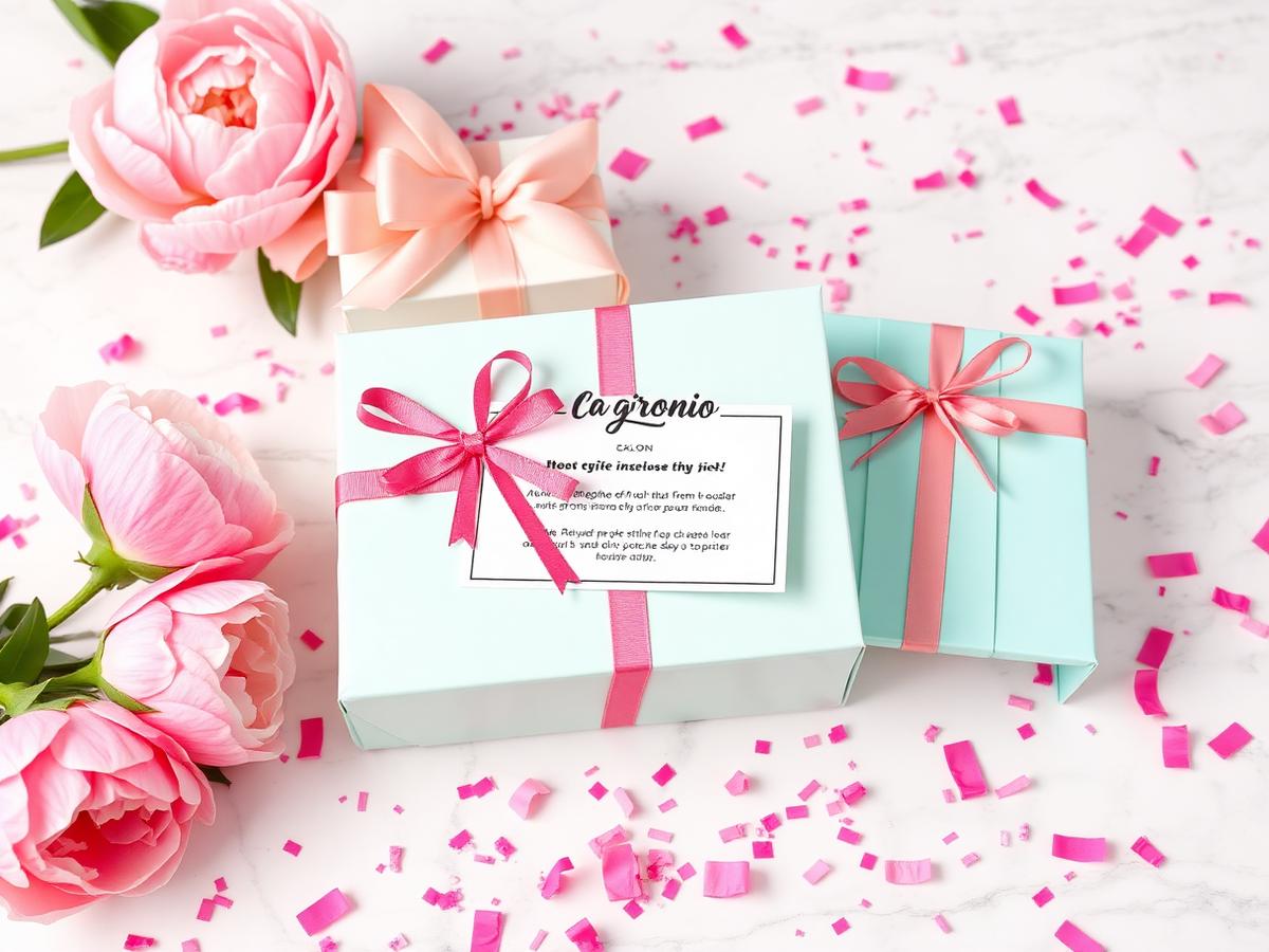 Seasonal salon promo gift sets with ribbons and a signage card on white marble