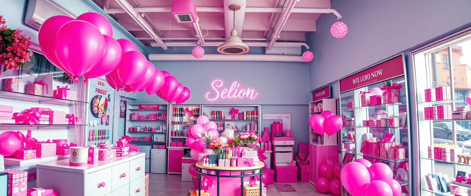 Bright salon decorated for a seasonal promotion with balloons and gift sets