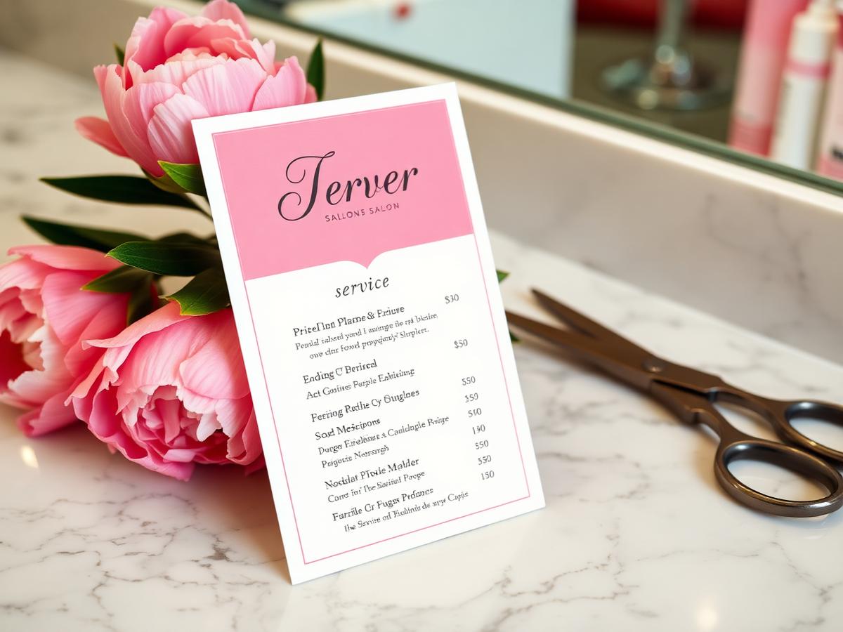 Elegant printed salon service menu card with prices on a marble counter beside scissors and peonies
