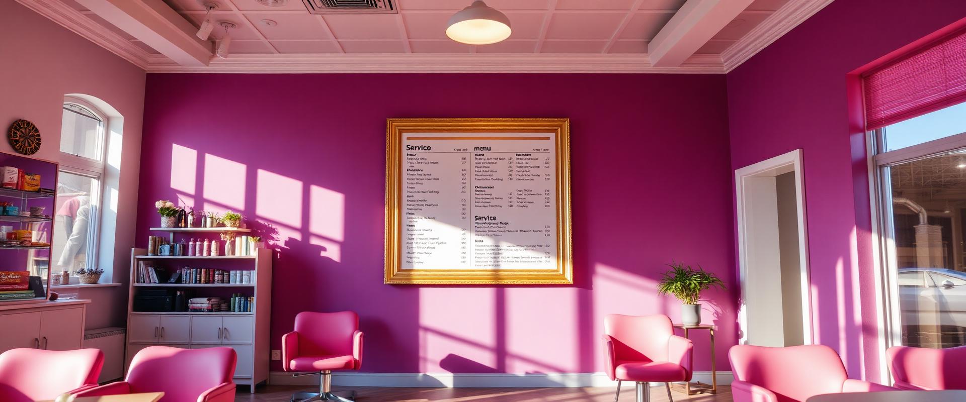 Bright salon interior with a framed service menu on the wall