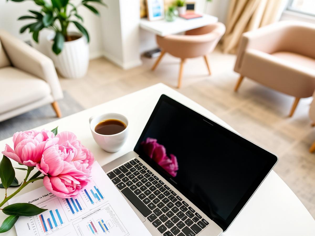 Business plan pages with charts beside a laptop and peonies in a bright salon suite