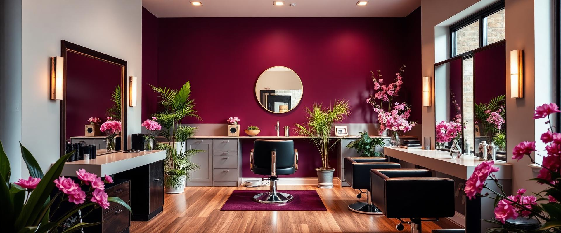 Beautifully designed private salon suite with plum accent wall