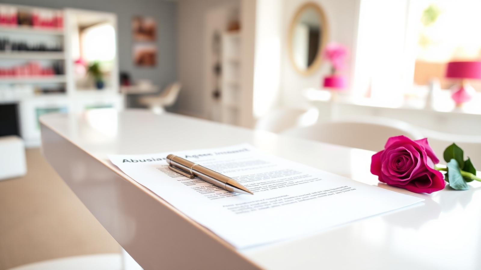 Signed salon agreement papers with a pen on a bright white desk inside a salon