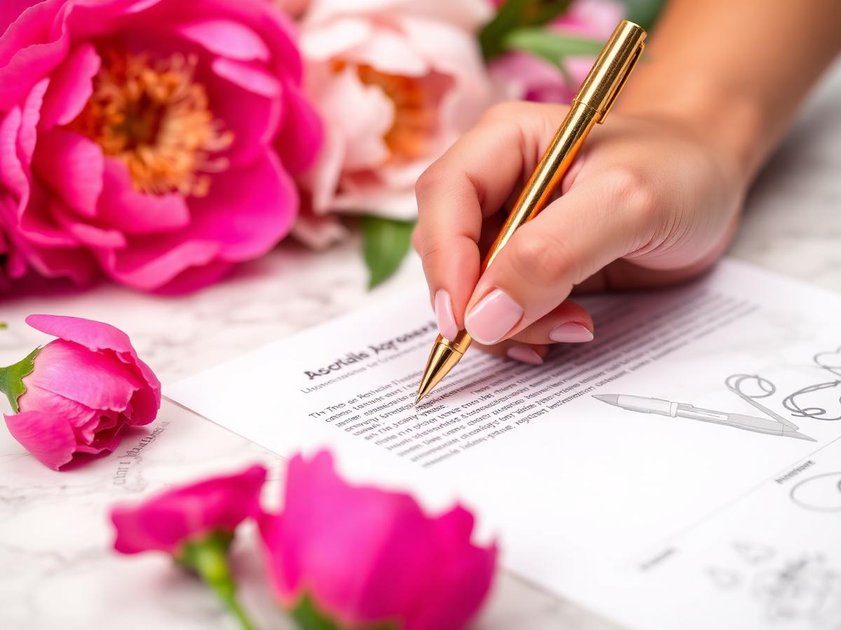 Close up of a hand signing an agreement with a gold pen beside pink peonies