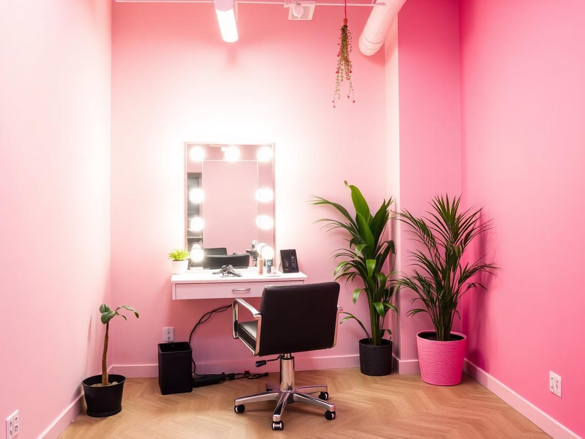 Bright empty private salon suite with styling chair and lighted mirror