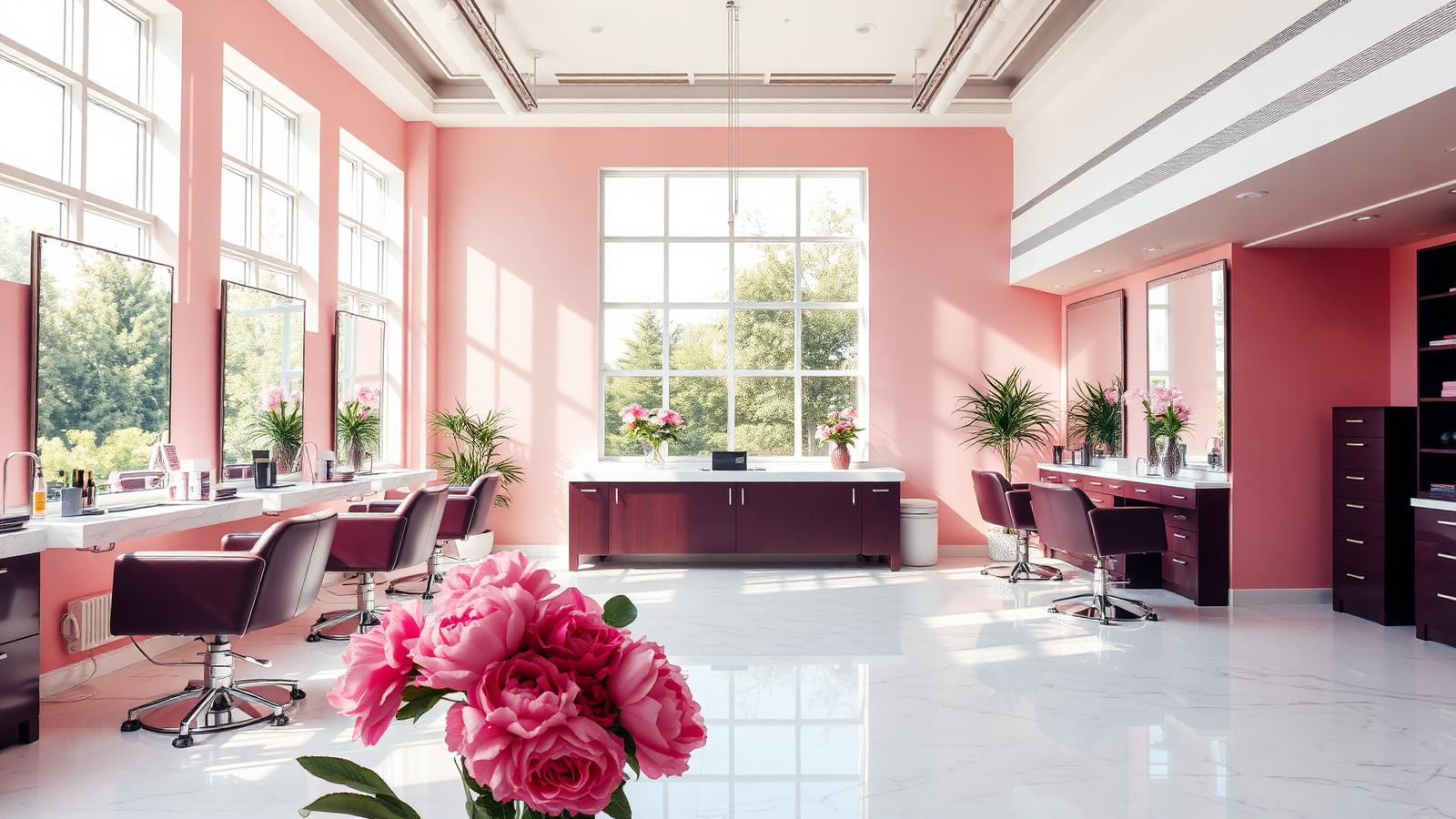 Bright modern beauty salon interior in blush and plum tones with styling chairs and sunlit windows