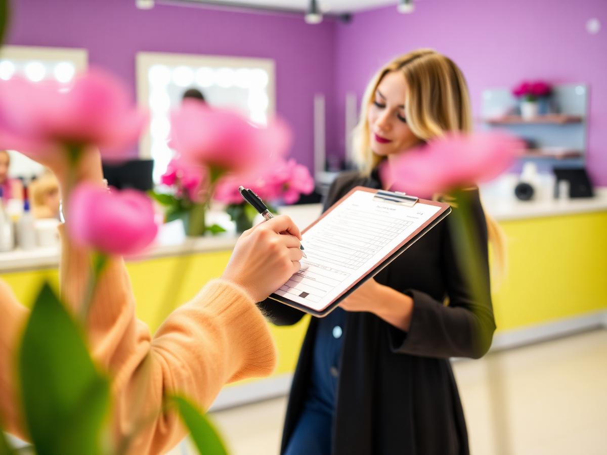 Client filling out a beauty consultation form on a clipboard at a bright salon front desk