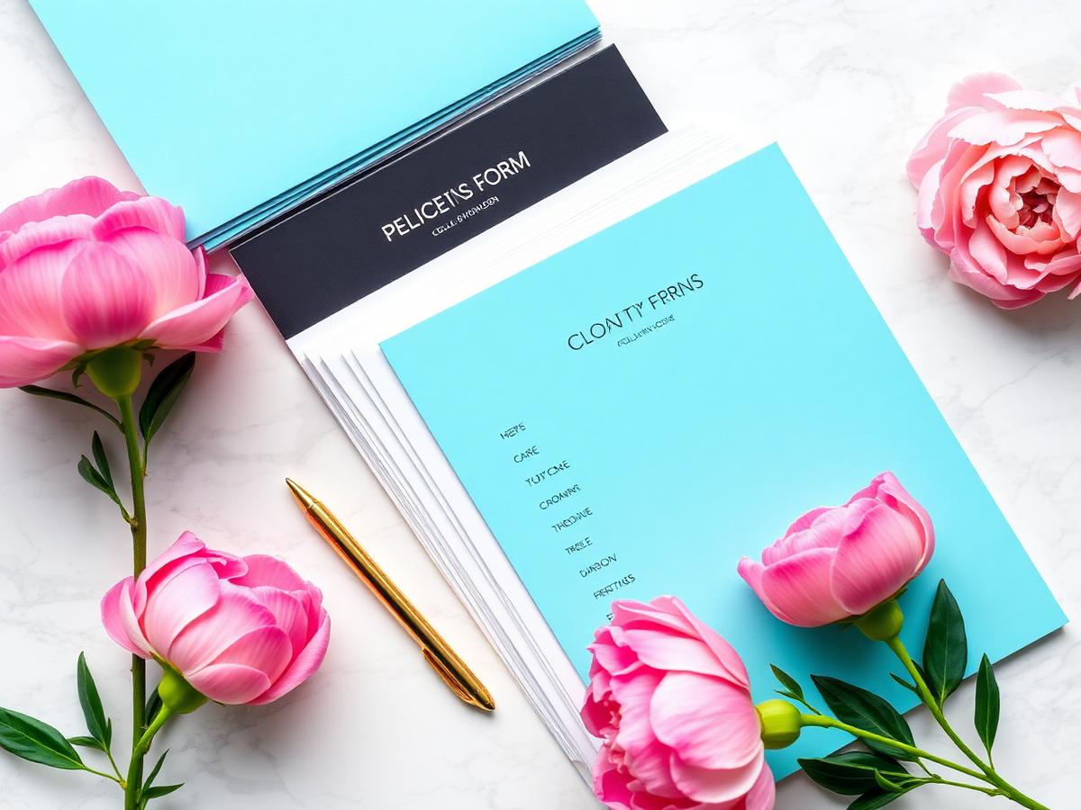 Stack of printed salon client forms and branded folders on a marble counter with peonies