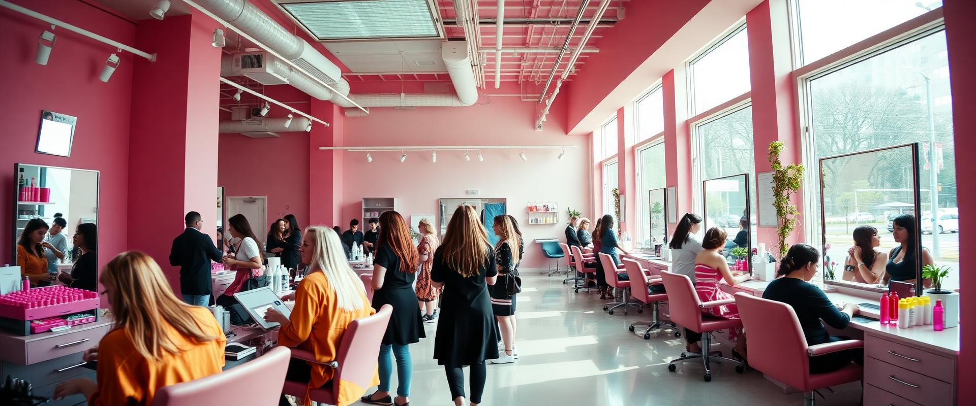 Busy bright beauty salon full of happy clients and stylists