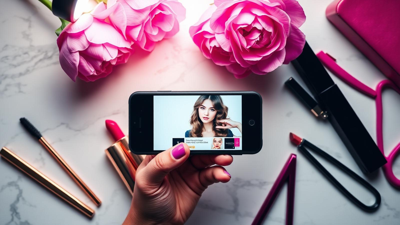 Flat lay of a salon social media shoot with a phone, lipsticks and peonies on white marble
