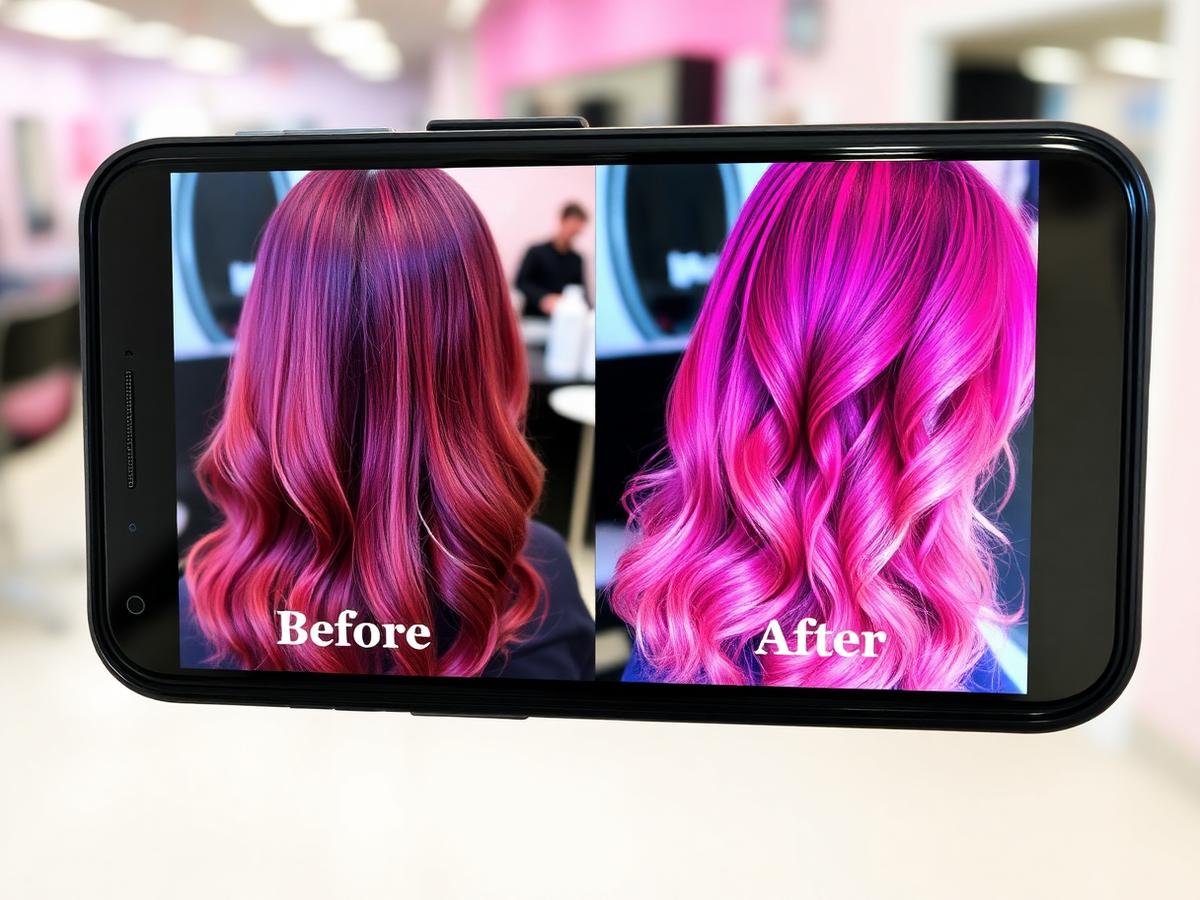 Before and after hair colour transformation shown on a phone screen