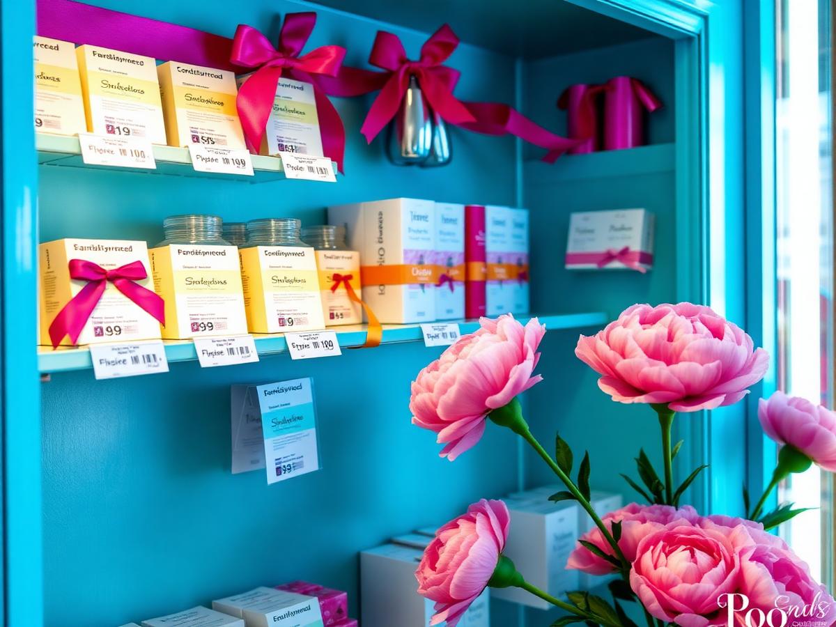 Colourful salon retail shelf styled for a promotion with price cards and ribbons