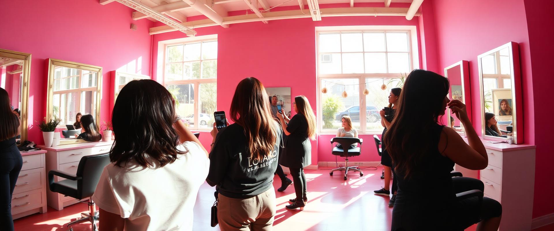 Busy bright salon with clients photographing their new hair