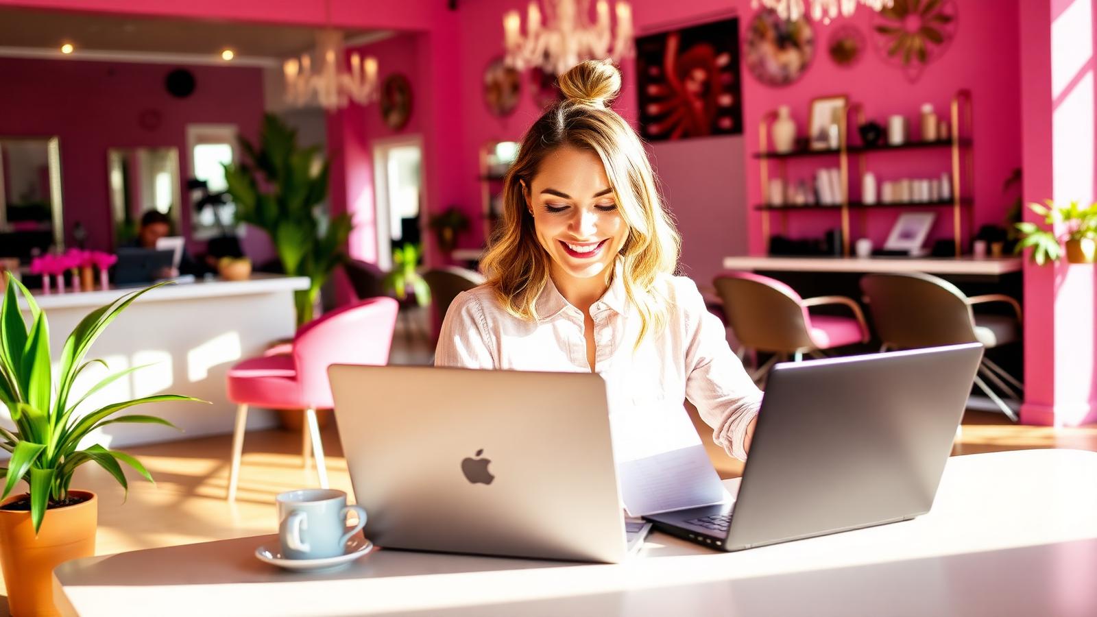 Salon owner working at a laptop with a printed checklist at a bright salon reception