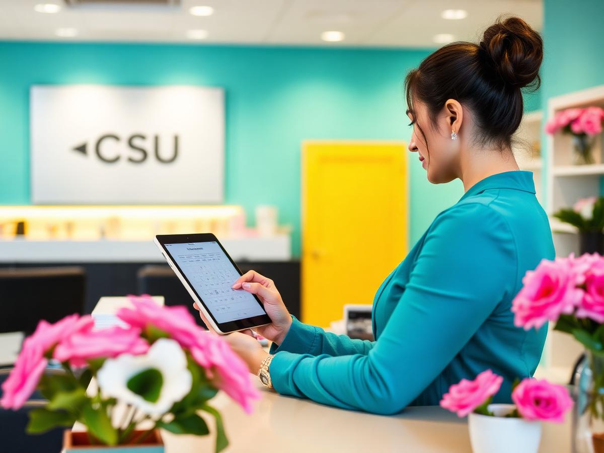 Receptionist managing an appointment calendar on a tablet at a bright salon front desk