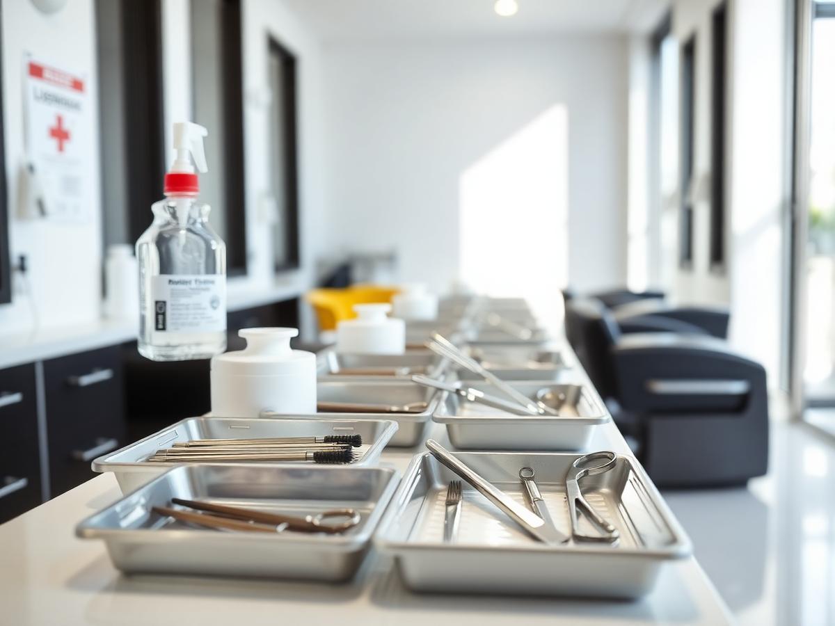 Spotless sanitised salon station with sterilised tools in trays and a posted licence
