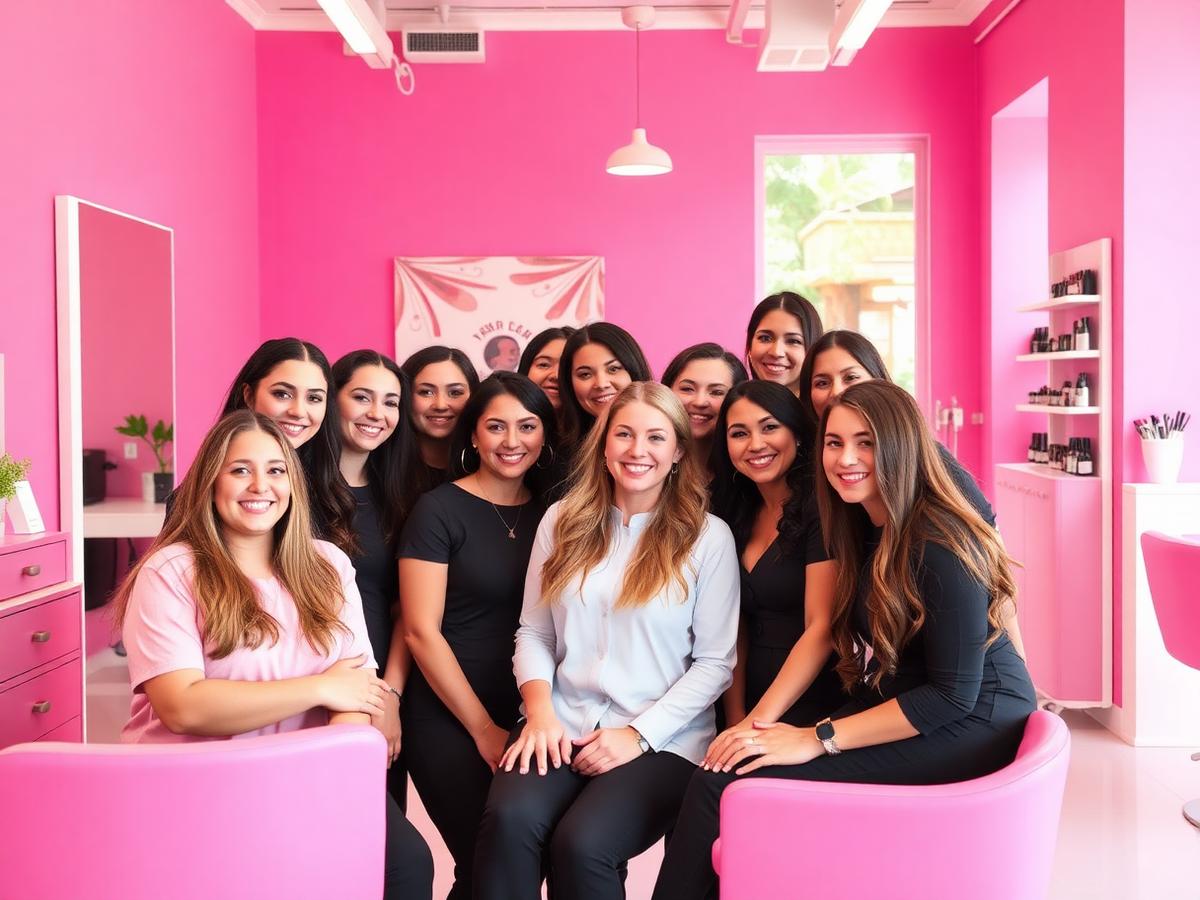 Team of salon stylists smiling together during a staff huddle