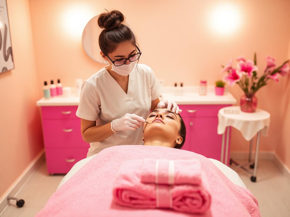 Esthetician performing a facial treatment on a client in a bright treatment room